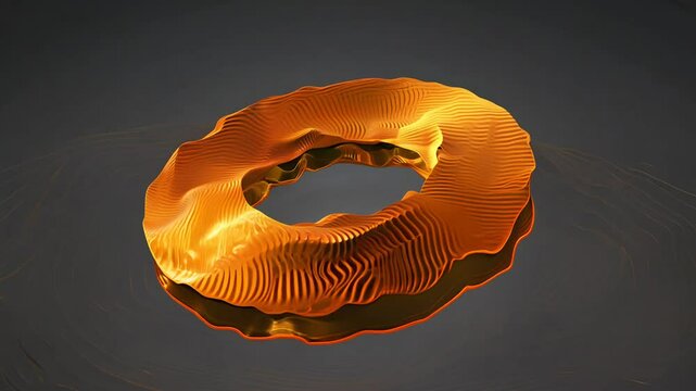 Realistic 3D animation of the abstract morphing liquid iridescent orange mobius strip rendered in UHD with a dark grey background.