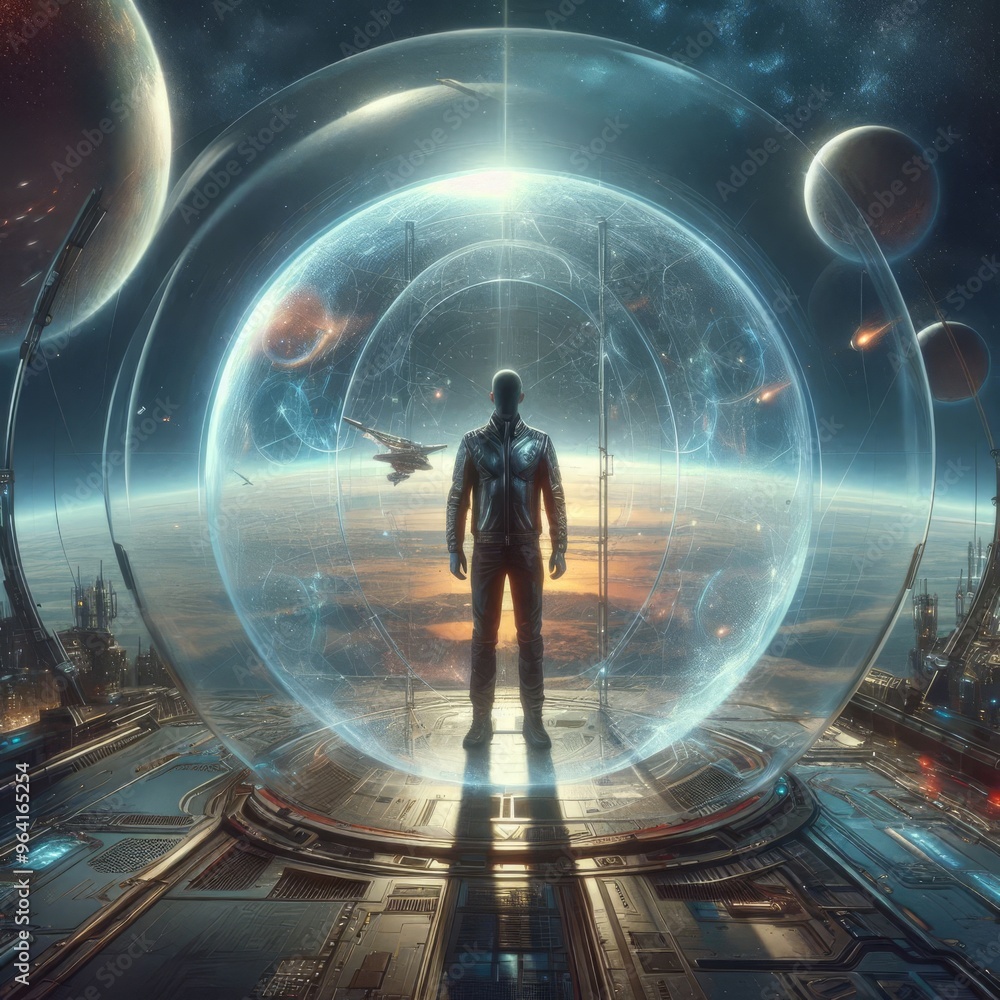 Poster a lone astronaut stands in a high-tech space station with a panoramic view of planets and stars. the