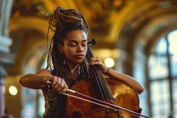 Young black woman musician playing cello at a classical music concert