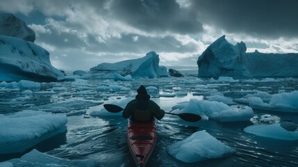 Person in black outfit, red helmet kayaks through icy waters, surrounded by icebergs in dramatic setting under dark, overcast sky.