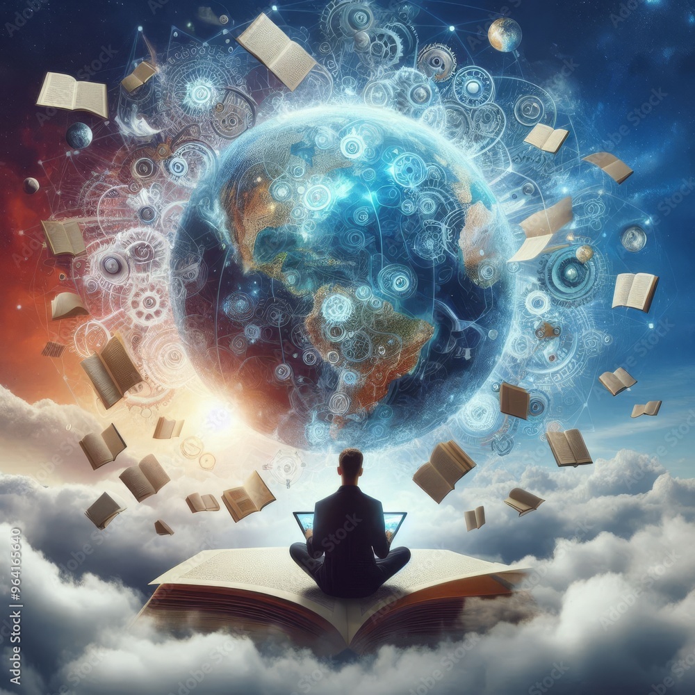 Aufkleber a serene scene of a man meditating atop an open book, with a digital globe surrounded by floating bo