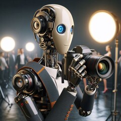 Futuristic robot holding a professional camera in a modern studio, illuminated by bright lights. This image captures the intersection of technology and photography, perfect for themes related to AI