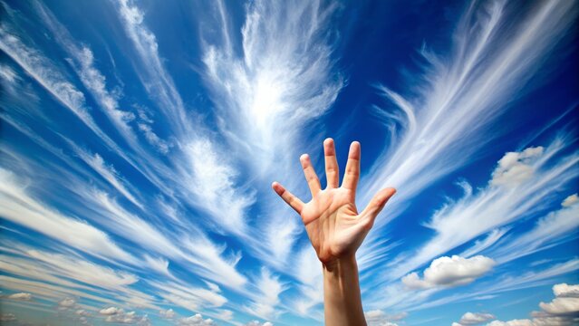 Hand waving goodbye against a bright blue sky, surrounded by fluffy white clouds and a few wispy cirrus strands 🖐