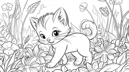 coloring page of a smiling kitten sitting among flowers, designed for kids