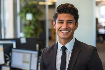 Fototapeta premium Young man with a friendly smile donning a professional suit stands confidently in a modern office setting, exuding charisma and business professionalism
