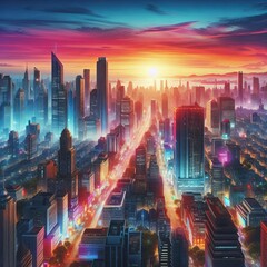 Obraz premium A breathtaking view of a futuristic city skyline at sunset, showcasing vibrant neon lights illuminating the streets below. Skyscrapers reach towards the colorful sky, creating a stunning urban