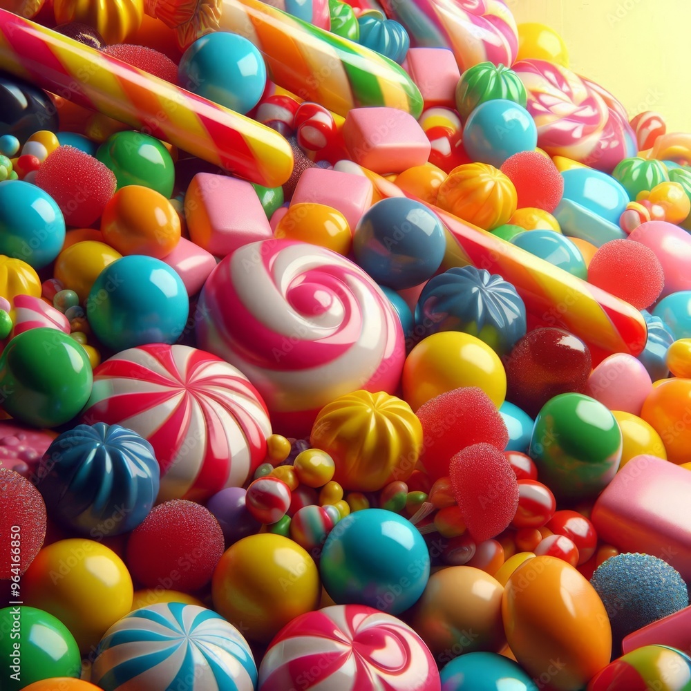 Poster delightful close-up image of an assortment of colorful candies in different shapes and sizes, creati