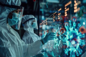 Professional team of scientists analyzing digital virus representations on a high-tech screen in a modern laboratory for medical research and data analysis