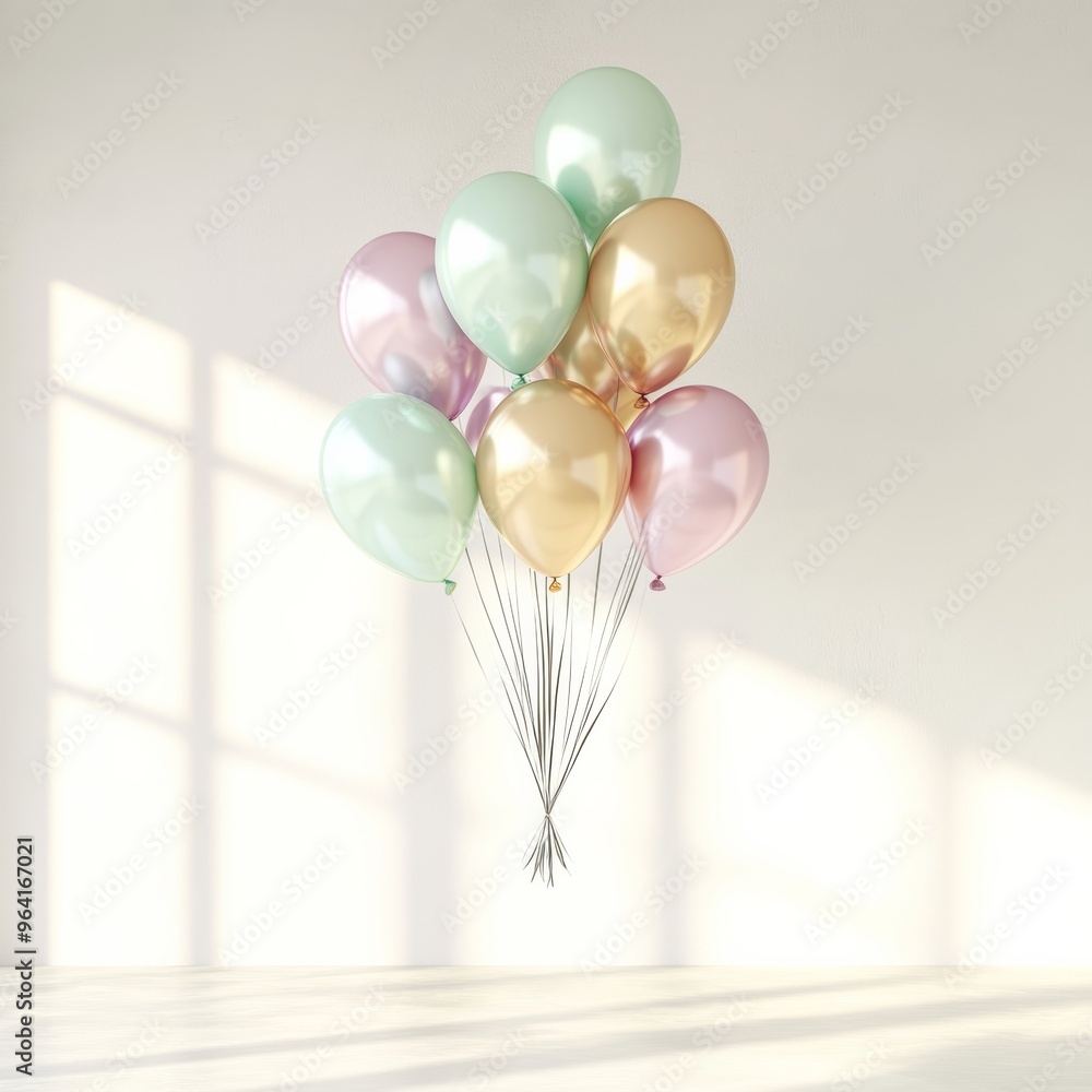 Poster A 3D render of a bunch of glossy, metallic balloons in different pastel colors, floating in a soft-lit studio setting with elegant shadows