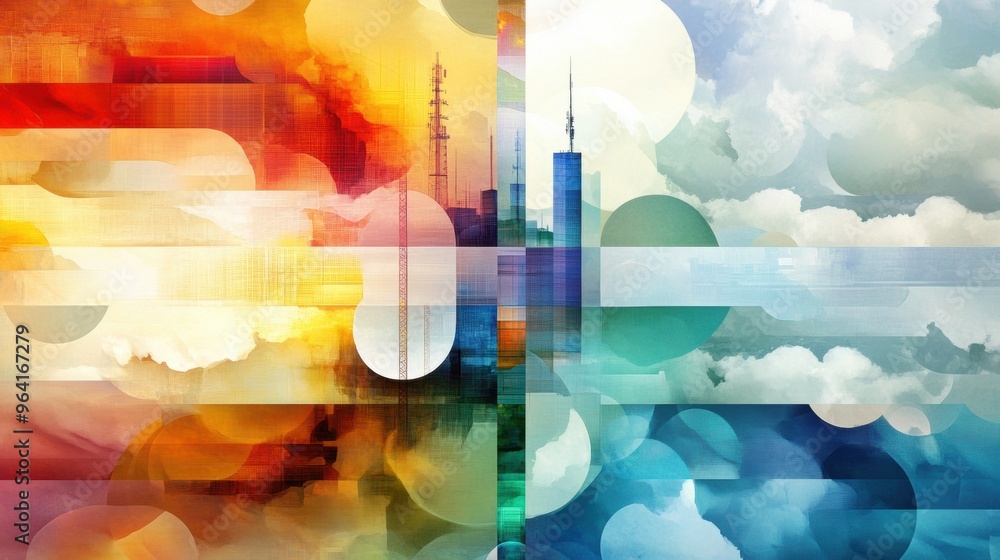 Wall mural a picture of a colorful abstract painting with clouds and buildings, ai