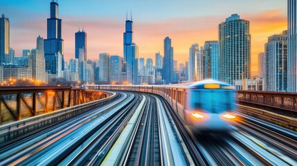 Speeding train passing through urban landscape