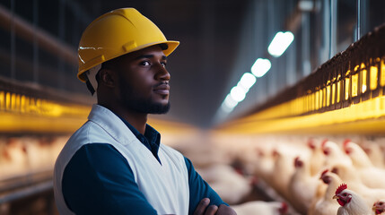 professional black vet, wearing yellow helmet and white gown, working in an indoor clean commercial-grade broiler chicken farm, warm with blues and yellos