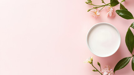 Soft pink background with a round white bowl and delicate flowers, creating a serene and calming aesthetic for wellness and beauty themes