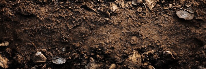 A Close Up View of Rich, Dark Soil Displaying Its Unique Texture and Diverse Pebbles Beneath