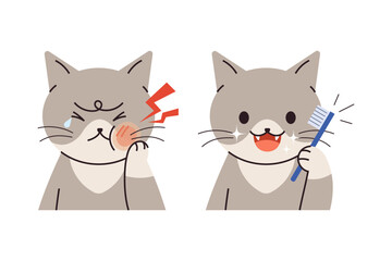 A comparison illustration of a cat suffering from toothache and a cat that took care of its teeth by brushing its teeth.