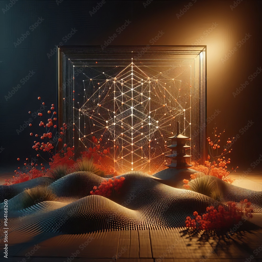 Poster intricate digital landscape showcasing a glowing network structure framed in a dark room with warm l