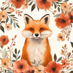 Fototapeta premium Watercolor Fox with Flowers.
