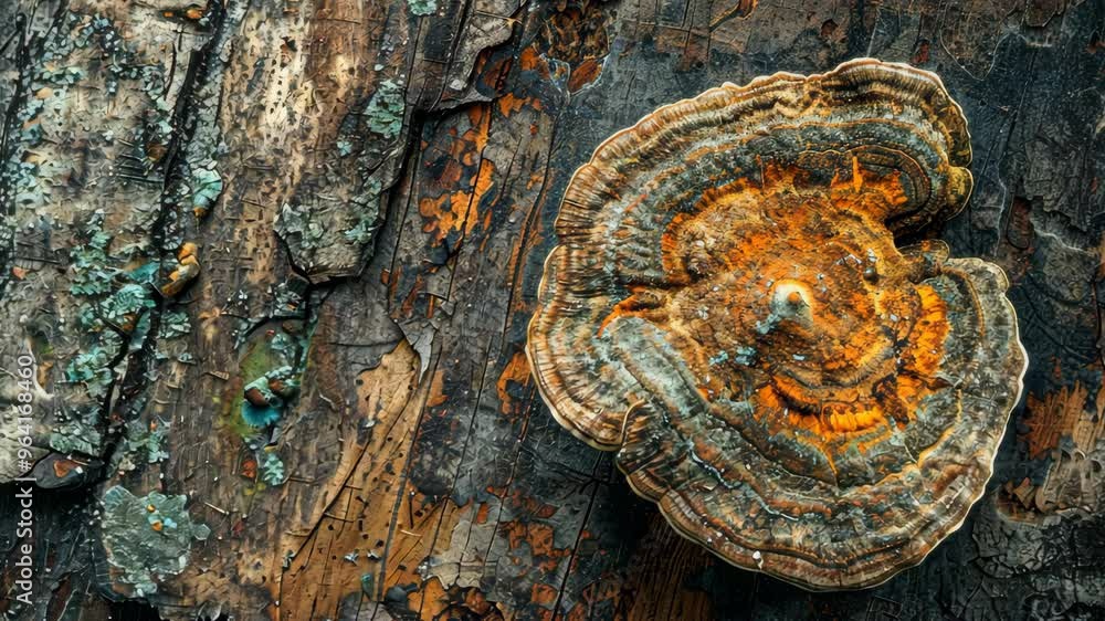 Poster Exploring vibrant fungi growth on an ancient tree trunk in a serene forest setting