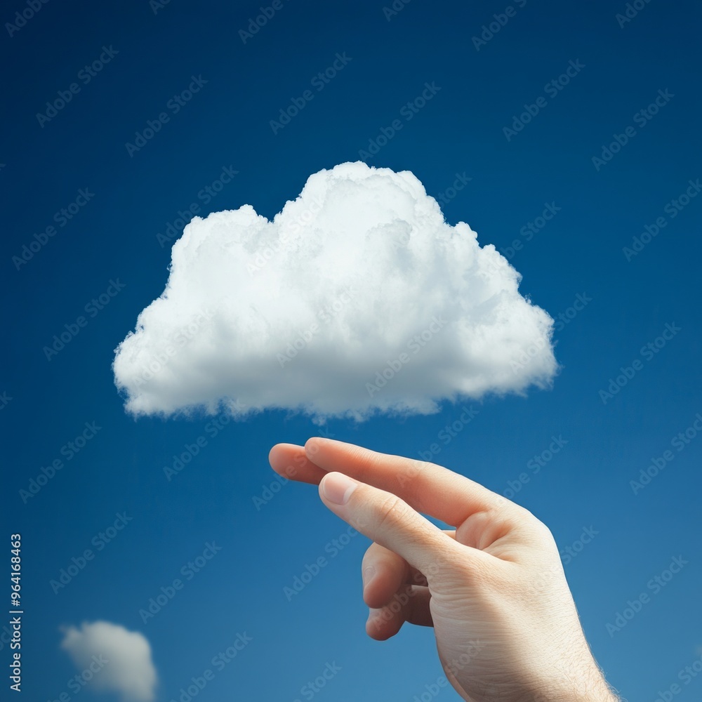 Wall mural Hand reaching towards a white cloud in the blue sky.