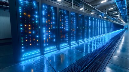 row of server racks in a data center. These racks house servers, and the blue LED lights indicate their activity and status