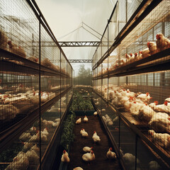 A large chicken farm with many white chickens. There is an electronic screen on the wall displaying real-time data of each egg-laying hen, and several digital display boards © Art-Park