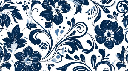 Fototapeta premium Blue and White Floral Pattern A Watercolor Swirl Design, watercolor, floral, pattern