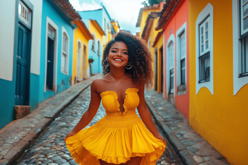 A woman in a yellow dress is walking down a street with colorful buildings