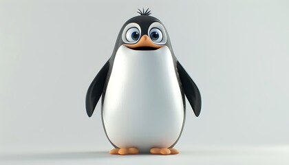 Fototapeta premium Smiling Penguin Cartoon: A friendly, cartoon penguin with big, blue eyes and a cheerful smile stands on a white background, perfect for children's books, illustrations, and branding. 