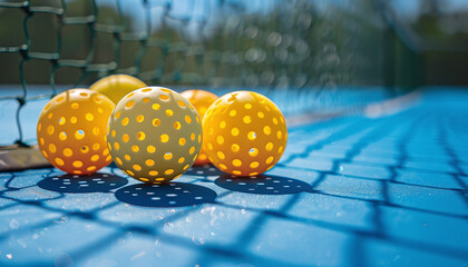 five yelow pickleball balls on blue tennis court.