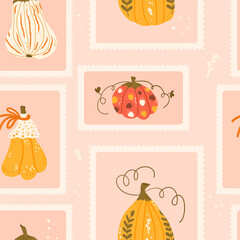 Pumpkin checked seamless pattern. Bento box autumn harvest repeat background. Halloween retro stamps endless design. Vector hand drawn illustration.