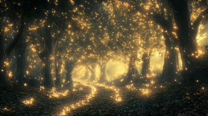 A surreal forest where the trees are made of light and the ground is covered in glowing leaves