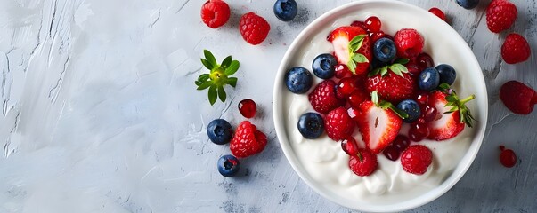 Yogurt with Strawberries, Raspberries, Blueberries, and Pomegranate Seeds