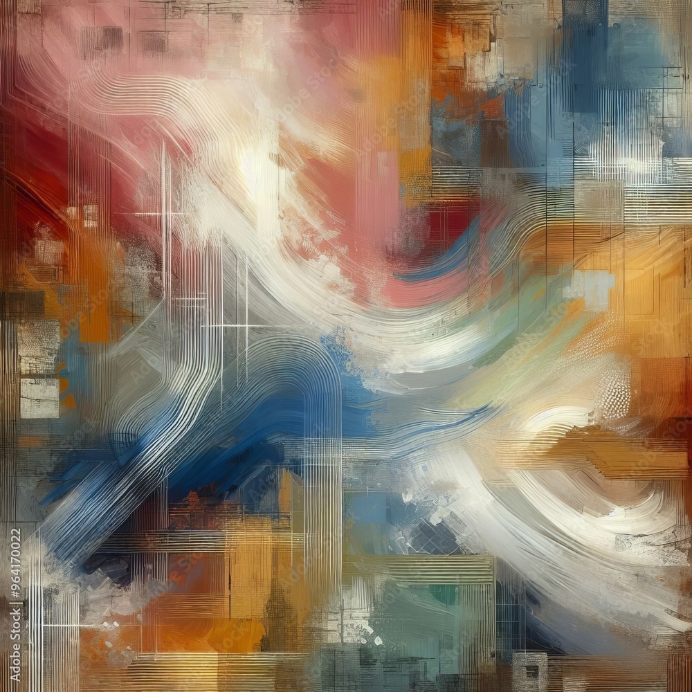 Poster an abstract geometric art piece featuring fluid motion and colorful swirls in a harmonious blend of 