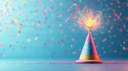 Festive birthday party hat cone with firework on top, glittering bokeh background, shimmering celebration backdrop, perfect for festive event decor, new beautiful stock image illustration AI