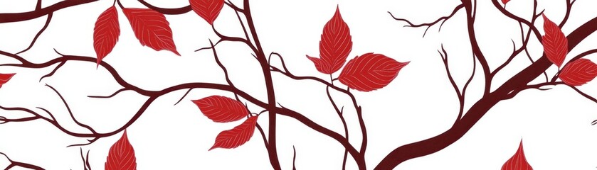 Crimson Branches with Veined Leaves, seamless pattern, white background, red, leaf, tree