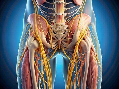 "Depiction of a gluteal nerve, highlighting its branching course within the gluteal region, surrounded by muscles, tendons, and ligaments for clarity."