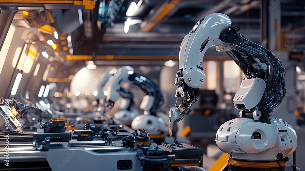 Poster ai-driven robotic arms working in a high-tech factory, efficiently managing production and quality c
