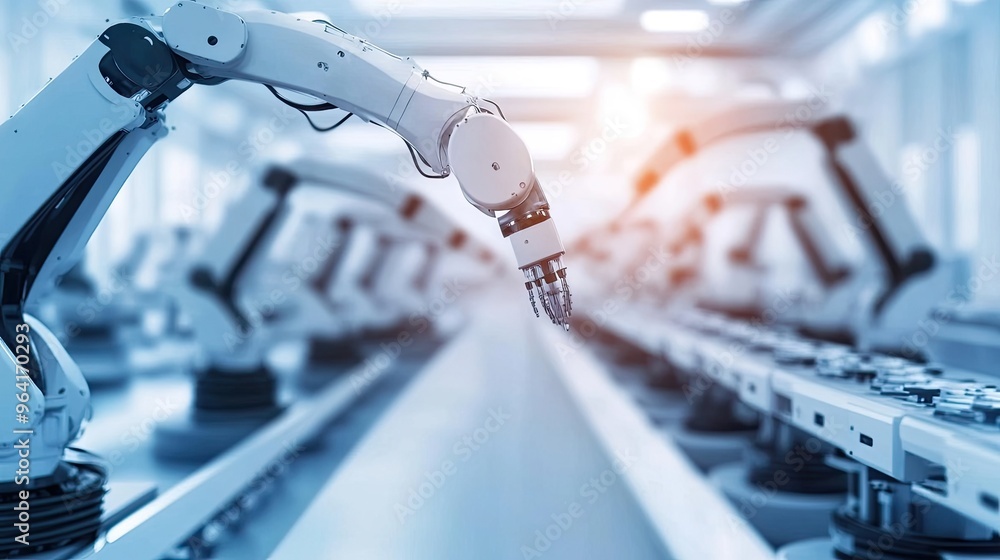 Poster ai-driven robotic arms working in a high-tech factory, efficiently managing production and quality c