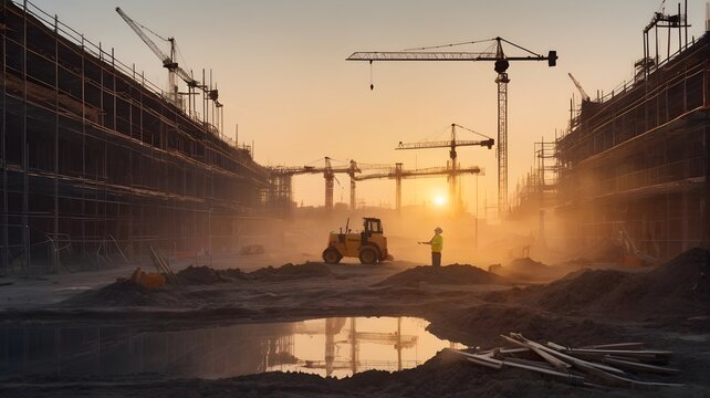 Multiple exposure image of construction site at dawn