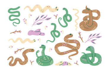 Set of snakes. Crawling reptile with leaves and berries kit. Vector hand drawn flat collection illustration isolated on white background.