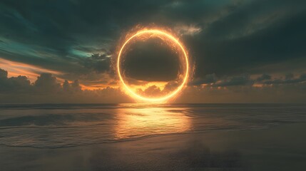 A mysterious portal hovering over a serene beach, glowing with soft, warm light