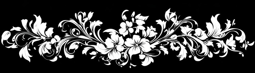 Elegant White Floral Design on Black Background, floral design, black and white, vintage style