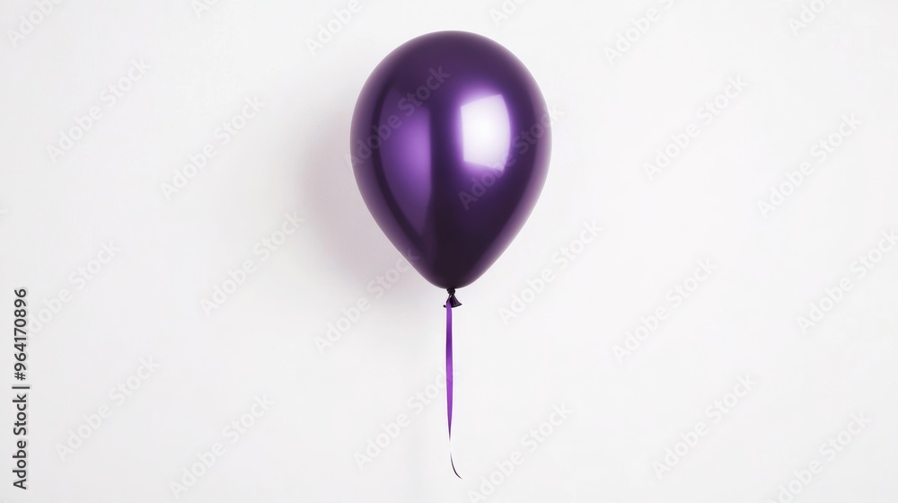 Poster a shiny metallic balloon in a deep purple color, floating against a clean white background with a ri
