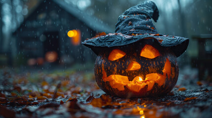 Glowing Jack-o'-lantern wearing witch hat on rainy autumn night, surrounded by wet leaves and eerie atmosphere in front of a spooky cottage for Halloween