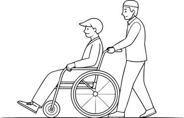 Man carries a patient in a wheelchair illustration black and white