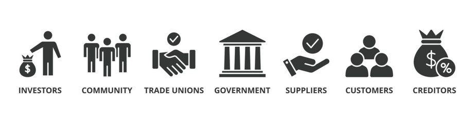 Stakeholder relationship banner web icon vector illustration concept for stakeholder, investor, government, and creditors with icon of community, trade unions, suppliers, and customers