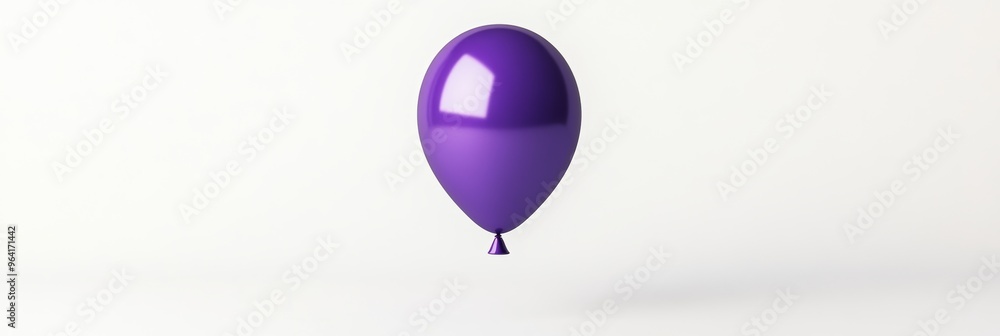 Poster a single glossy balloon in a rich violet color, floating in a minimalistic white space with a soft s