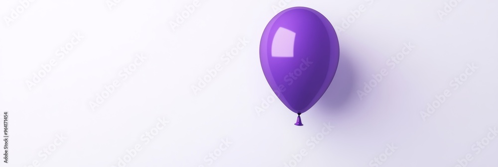 Poster a single glossy balloon in a rich violet color, floating in a minimalistic white space with a soft s