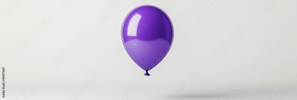 Poster a single glossy balloon in a rich violet color, floating in a minimalistic white space with a soft s