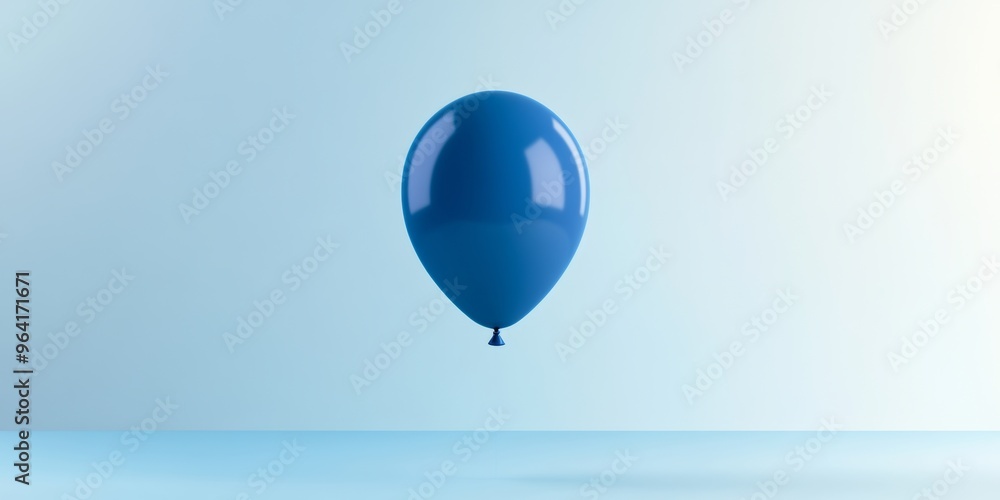 Poster a single helium balloon in a deep blue shade, floating against a soft gradient background with a del